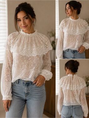 Zara White Sheer Lace Ruffle-Neck Blouse